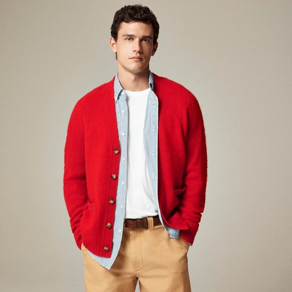 J Crew Wool Cardigan Mens Medium Red Sweater Fuzzy Hairy Brushed Button Up - Picture 4 of 5